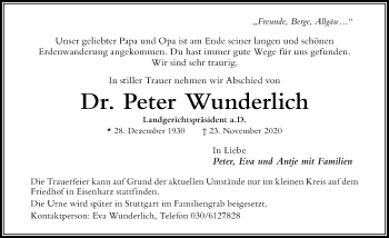 Traueranzeige von Peter Wunderlich von Der Westallgäuer