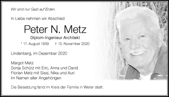 Traueranzeige von Peter N. Metz von Der Westallgäuer