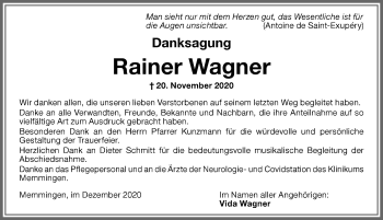 Traueranzeige von Rainer Wagner von Memminger Zeitung
