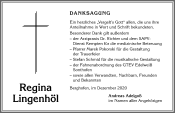 Traueranzeige von Regina Lingenhöl von Allgäuer Anzeigeblatt