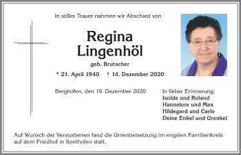 Traueranzeige von Regina Lingenhöl von Allgäuer Anzeigeblatt