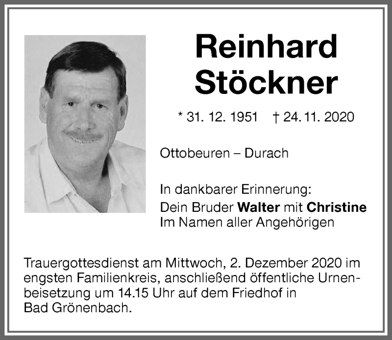  Traueranzeige für Reinhard Stöckner vom 01.12.2020 aus Memminger Zeitung