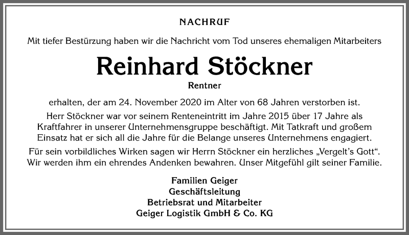  Traueranzeige für Reinhard Stöckner vom 03.12.2020 aus Allgäuer Zeitung