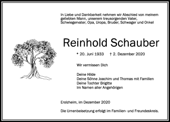 Traueranzeige von Reinhold Schauber von Memminger Zeitung