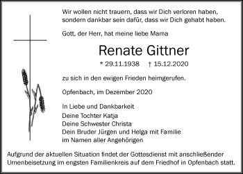 Traueranzeige von Renate Gittner von Der Westallgäuer