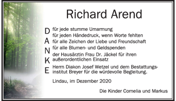 Traueranzeige von Richard Arend von Der Westallgäuer