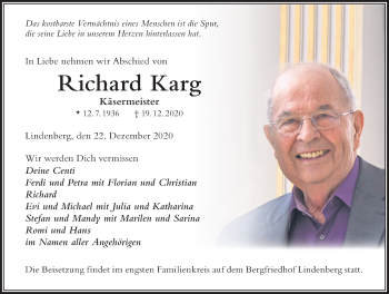 Traueranzeige von Richard Karg von Der Westallgäuer