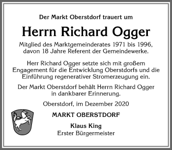 Traueranzeige von Richard Ogger von Allgäuer Anzeigeblatt