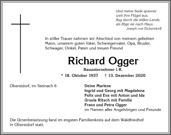 Traueranzeige von Richard Ogger von Allgäuer Anzeigeblatt