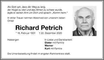 Traueranzeige von Richard Petrich von Memminger Zeitung