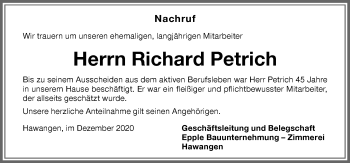 Traueranzeige von Richard Petrich von Memminger Zeitung