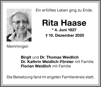Traueranzeige von Rita Haase von Memminger Zeitung