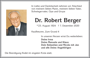 Traueranzeige von Robert Berger von Allgäuer Zeitung, Kaufbeuren/Buchloe