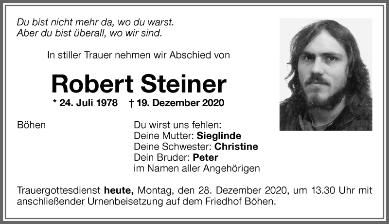  Traueranzeige für Robert Steiner vom 28.12.2020 aus Memminger Zeitung