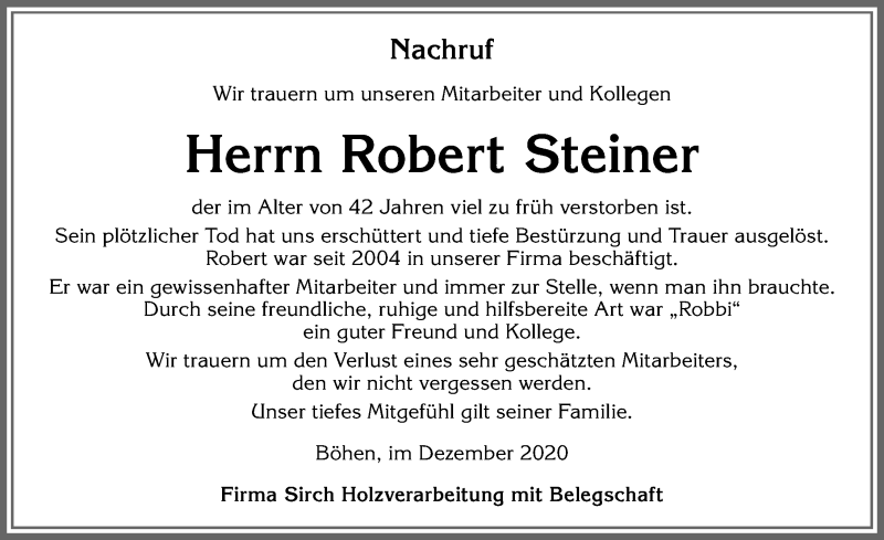  Traueranzeige für Robert Steiner vom 28.12.2020 aus Memminger Zeitung