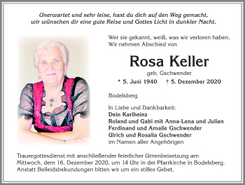 Traueranzeige von Rosa Keller von Allgäuer Zeitung,Kempten