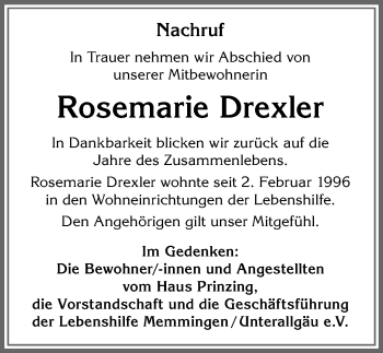 Traueranzeige von Rosemarie Drexler von Memminger Zeitung