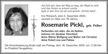 Traueranzeige von Rosemarie Pickl von Allgäuer Zeitung, Kaufbeuren/Buchloe