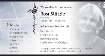 Traueranzeige von Rosi Stützle von Memminger Zeitung