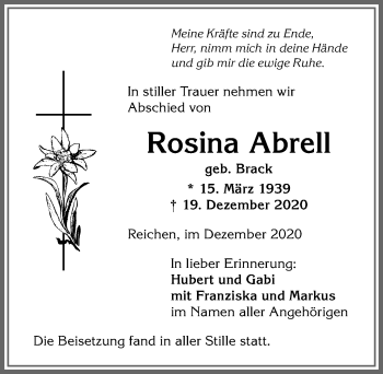 Traueranzeige von Rosina Abrell von Allgäuer Anzeigeblatt