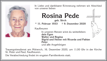Traueranzeige von Rosina Pede von Allgäuer Zeitung, Kaufbeuren/Buchloe
