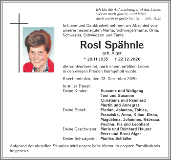 Traueranzeige von Rosl Spähnle von Allgäuer Zeitung