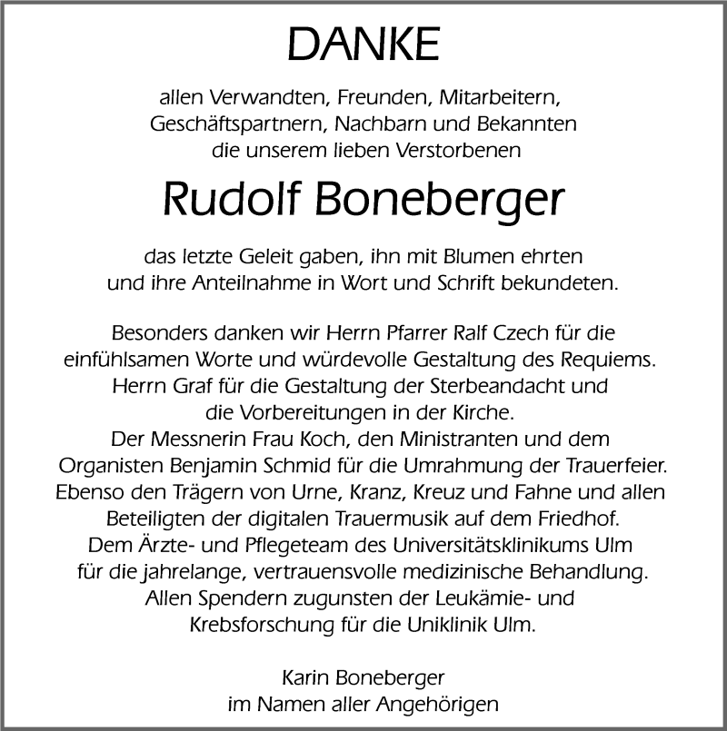  Traueranzeige für Rudolf Boneberger vom 02.12.2020 aus Memminger Zeitung