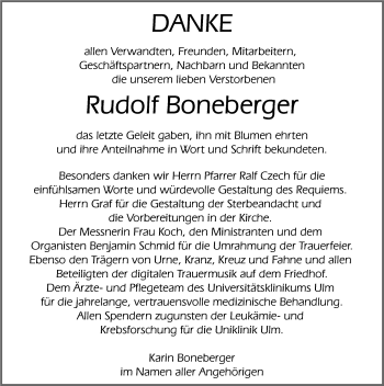 Traueranzeige von Rudolf Boneberger von Memminger Zeitung
