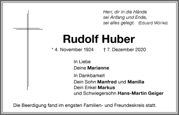 Traueranzeige von Rudolf Huber von Memminger Zeitung