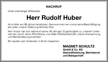 Traueranzeige von Rudolf Huber von Memminger Zeitung