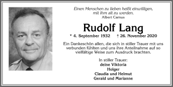 Traueranzeige von Rudolf Lang von Allgäuer Zeitung, Kaufbeuren/Buchloe