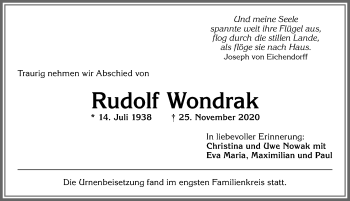 Traueranzeige von Rudolf Wondrak von Allgäuer Zeitung, Kaufbeuren/Buchloe