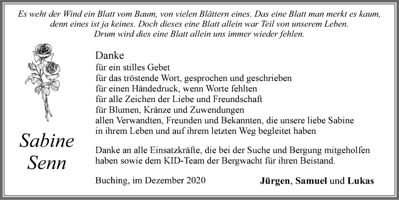 Traueranzeige für Sabine Senn vom 04.12.2020 aus Allgäuer Zeitung, Füssen