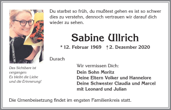 Traueranzeige von Sabine Ullrich von Allgäuer Zeitung,Kempten
