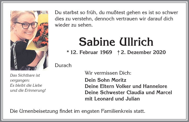  Traueranzeige für Sabine Ullrich vom 05.12.2020 aus Allgäuer Zeitung,Kempten