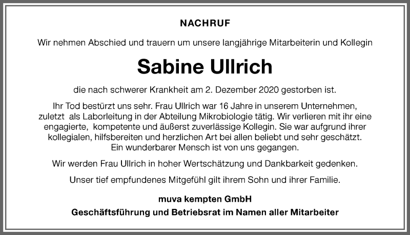  Traueranzeige für Sabine Ullrich vom 08.12.2020 aus Allgäuer Zeitung,Kempten