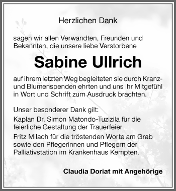 Traueranzeige von Sabine Ullrich von Allgäuer Zeitung,Kempten