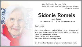 Traueranzeige von Sidonie Romeis von Allgäuer Zeitung, Kaufbeuren/Buchloe