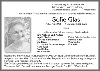 Traueranzeige von Sofie Glas von Allgäuer Zeitung, Füssen