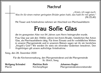 Traueranzeige von Sofie Glas von Allgäuer Zeitung