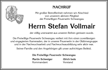 Traueranzeige von Stefan Vollmair von Allgäuer Zeitung, Füssen