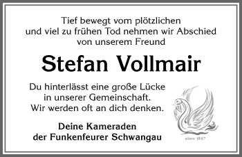 Traueranzeige von Stefan Vollmair von Allgäuer Zeitung, Füssen