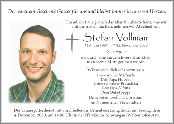 Traueranzeige von Stefan Vollmair von Allgäuer Zeitung, Füssen