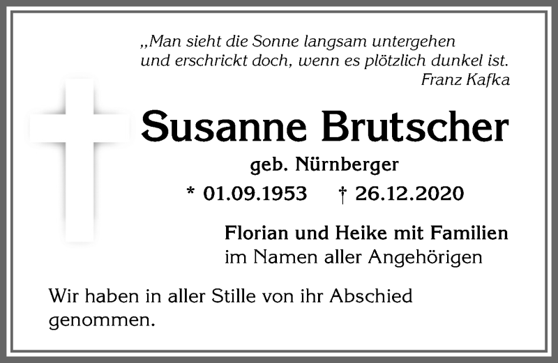 Traueranzeige für Susanne Brutscher vom 29.12.2020 aus Allgäuer Anzeigeblatt