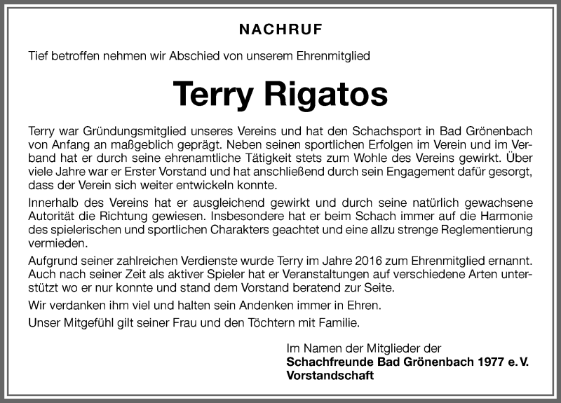  Traueranzeige für Terry Rigatos vom 22.12.2020 aus Allgäuer Zeitung