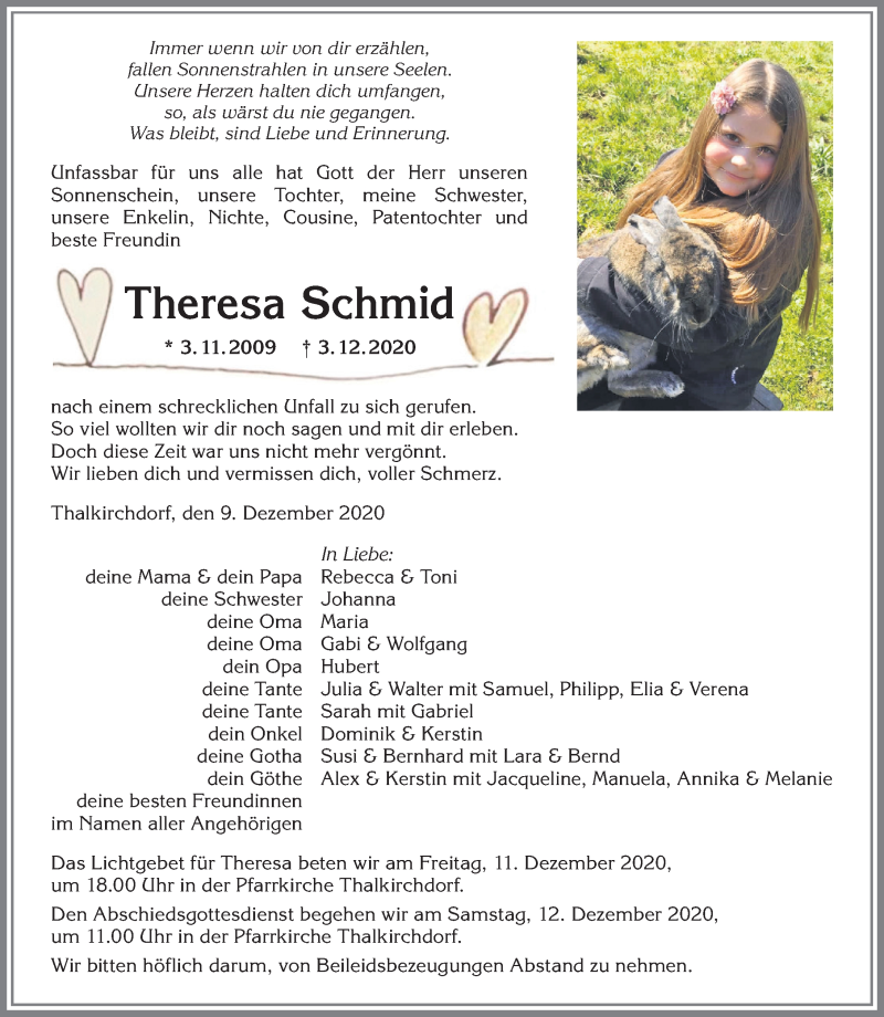  Traueranzeige für Theresa Schmid vom 09.12.2020 aus Allgäuer Anzeigeblatt