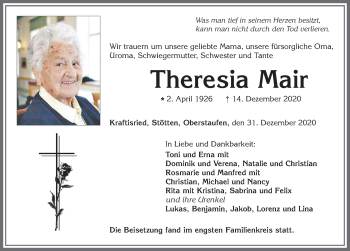 Traueranzeige von Theresia Mair von Allgäuer Zeitung, Marktoberdorf