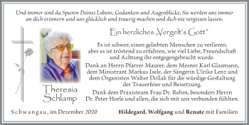 Traueranzeige von Theresia Schlamp von Allgäuer Zeitung, Füssen