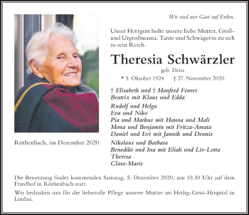 Traueranzeige von Theresia Schwärzler von Der Westallgäuer