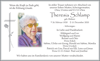 Traueranzeige von Theresia chlamp von Allgäuer Zeitung, Füssen